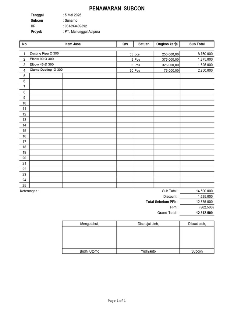 Form Penawaran Subcon | PDF