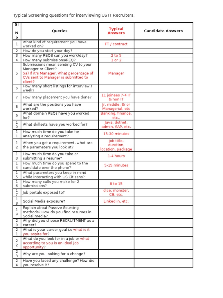 US IT Recruiter Interview Questions Guide | PDF | Business | Labour