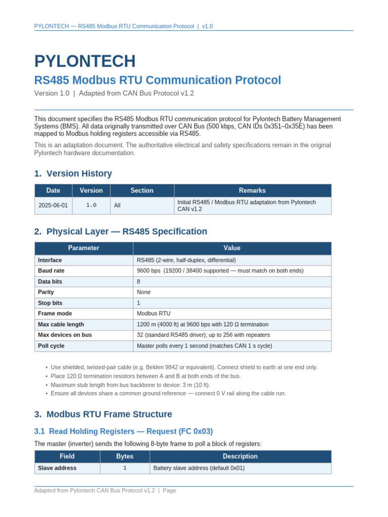 Pylontech RS485 Modbus RTU Protocol v1.0 | PDF | Computer Architecture ...