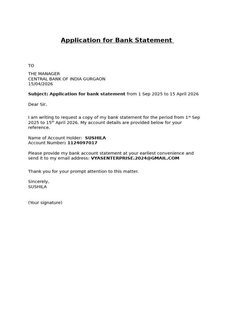 Application For Bank Statement Format | PDF
