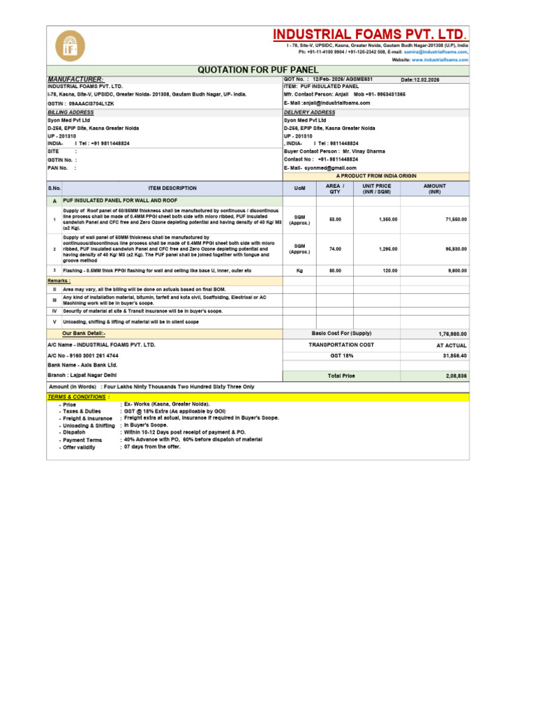 Syon Med Pvt Ltd Quotation Roof Puff Panel- 631 (12!02!2026) Cabin-2 | PDF