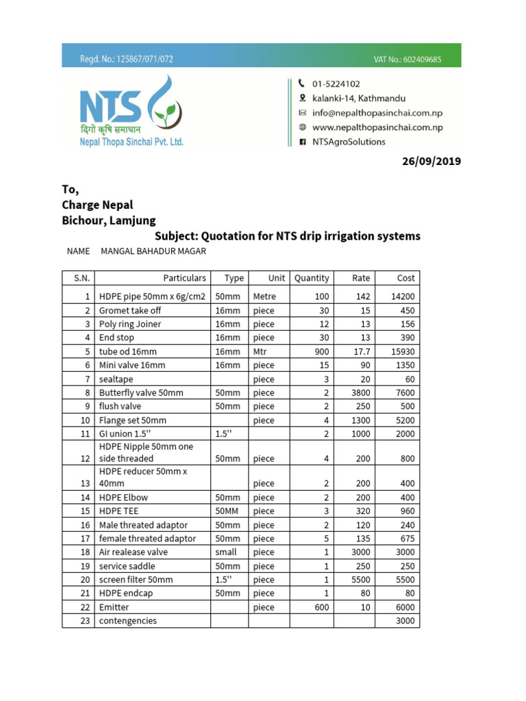 Revised Nts Drip Quotation | PDF | Pipe (Fluid Conveyance) | Plumbing