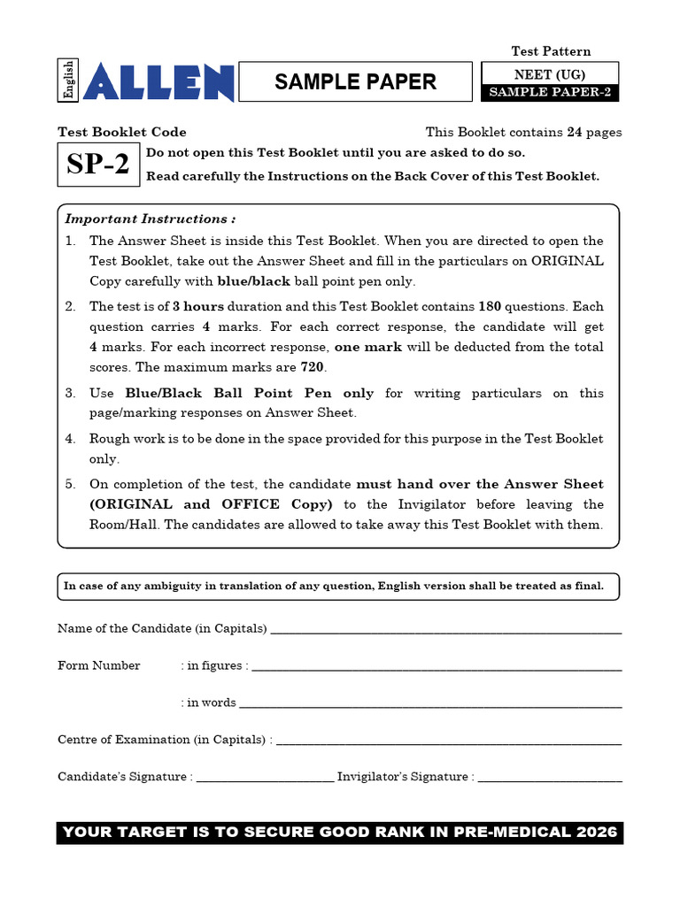 Allen Sample Paper 02 | PDF | Capacitor | Capacitance