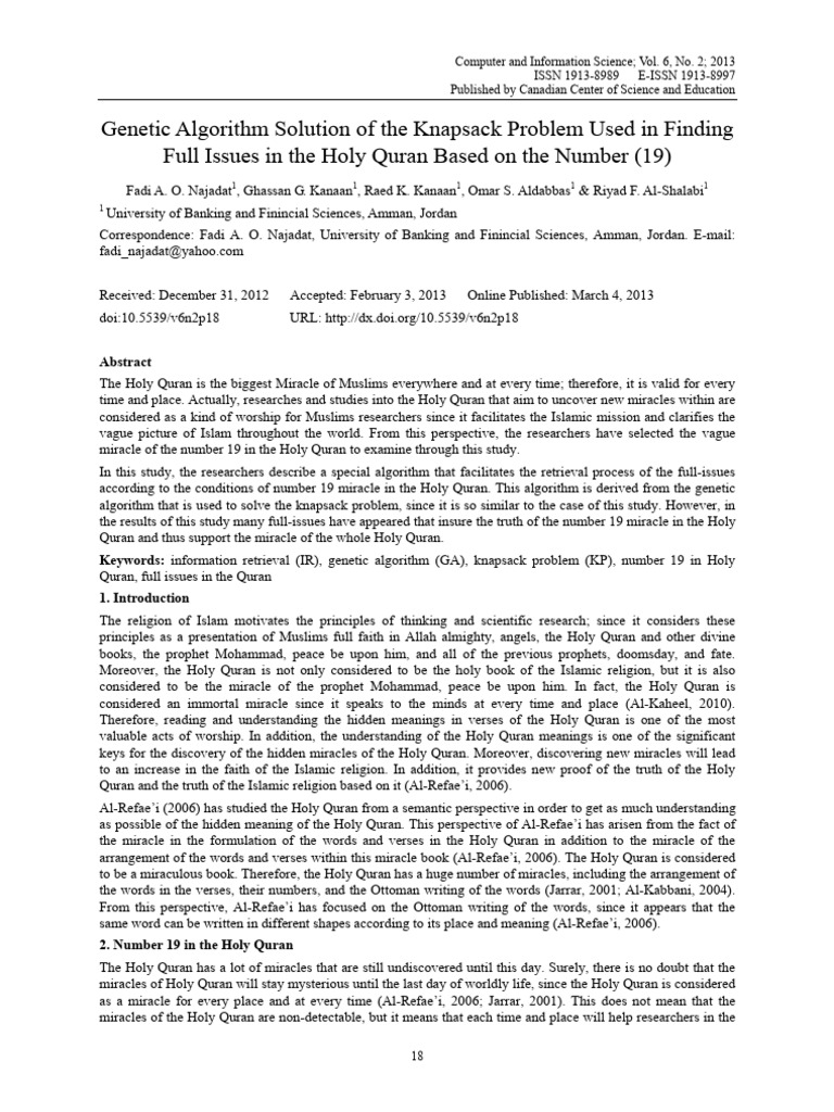 Genetic Algorithm Solution of the Knapsack Problem Used in Finding Full ...