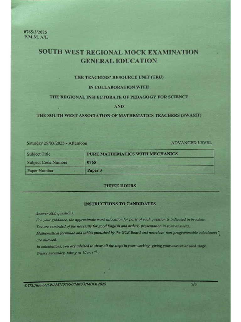Math Pmm Swmock 2025 p3 | PDF | Mass | Physics
