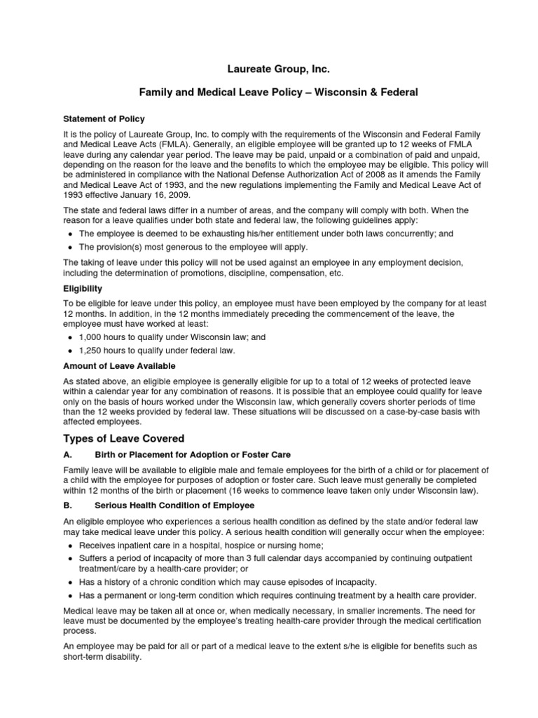 FMLA Leave Policy for Wisconsin Employees | PDF | Family And Medical ...