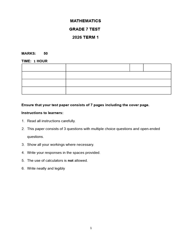 2026 Grade 7 Term 1 Test Exemplar | PDF | Arithmetic | Mathematics