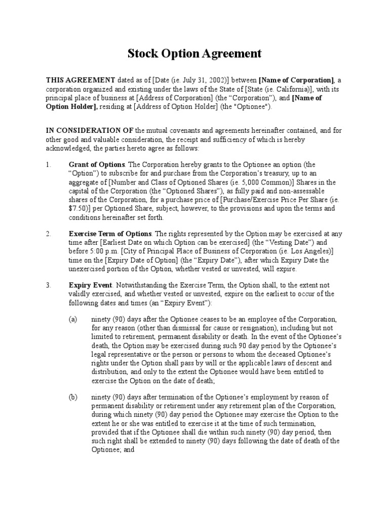 Stock Option Agreement Template | PDF | Option (Finance) | Securities ...