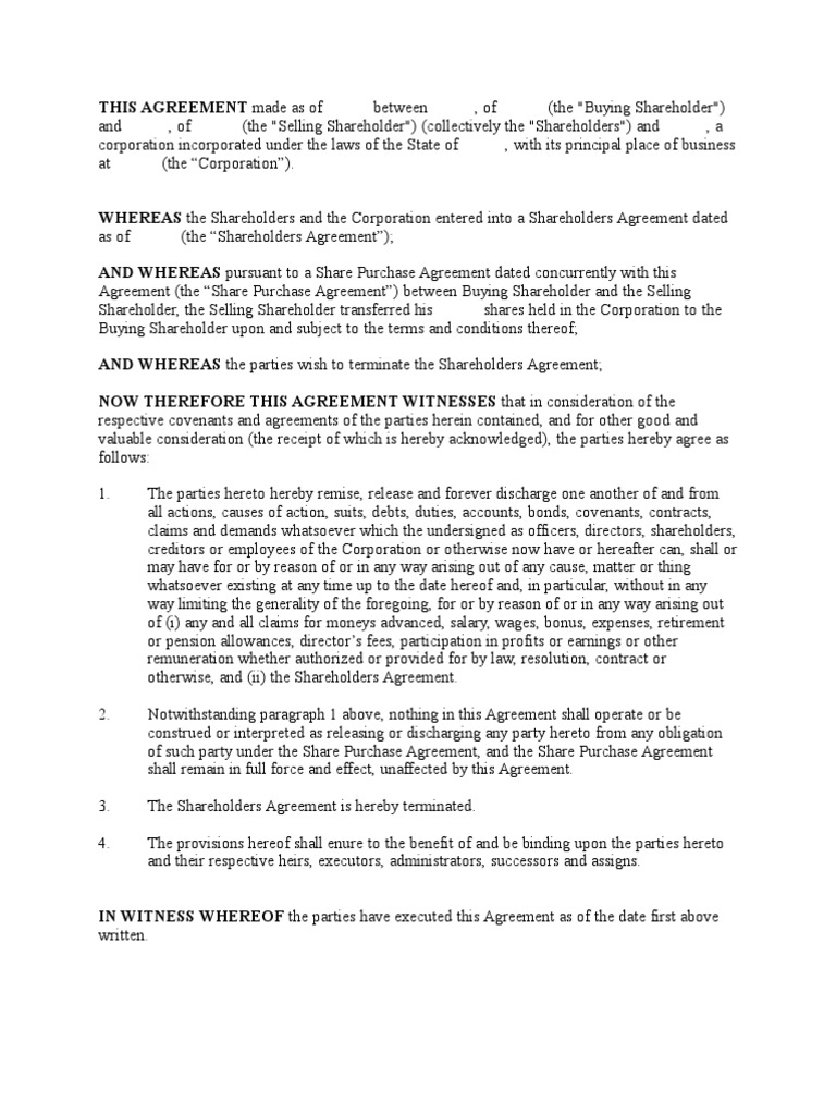 Termination of Shareholders Agreement, PDF, Consideration