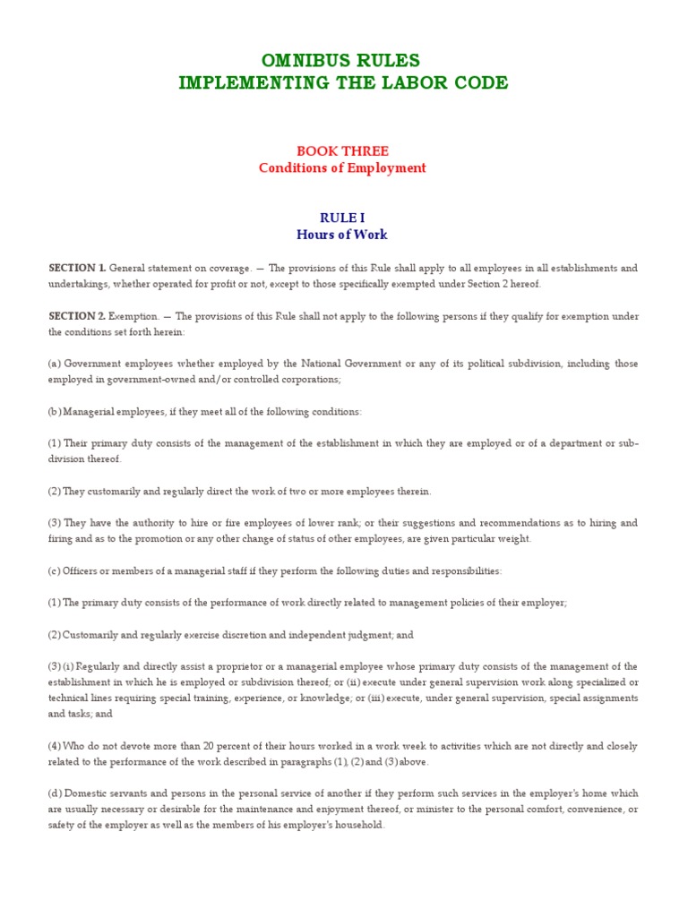 Omnibus Rules Implementing The Labor Code Book 3 PDF Overtime