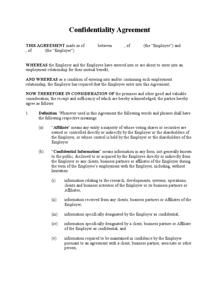 Confidentiality Agreement PDF Confidentiality Employment