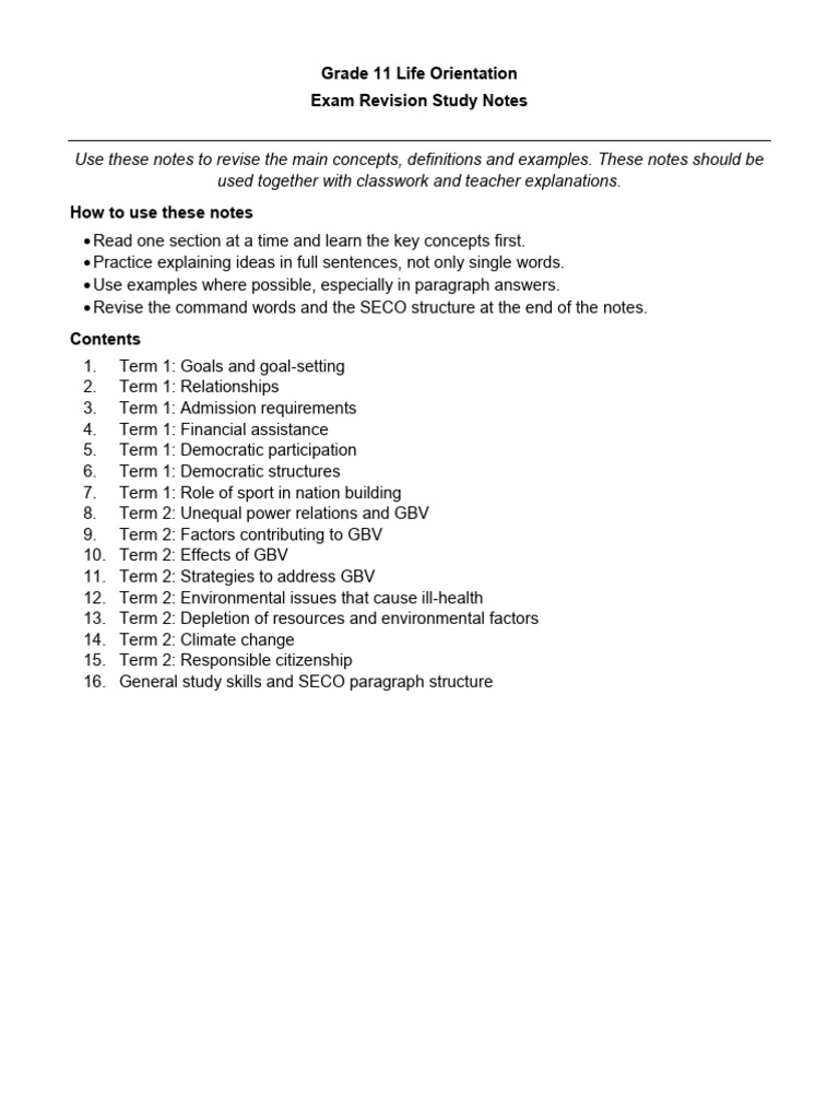 Grade 11 Revision Notes | PDF