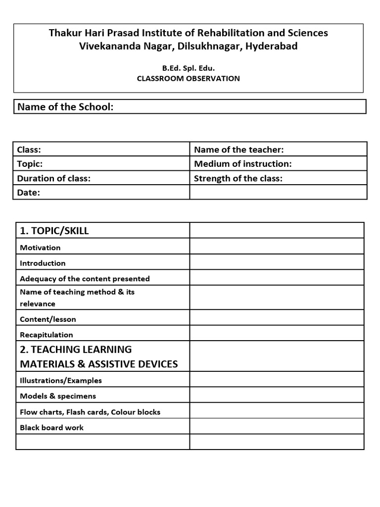 (A1) Classroom Observation Performa | PDF