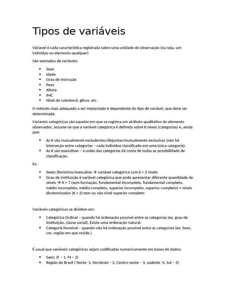A.1 Tipos de Variáveis | PDF | Variável categórica | Modo (Estatística)