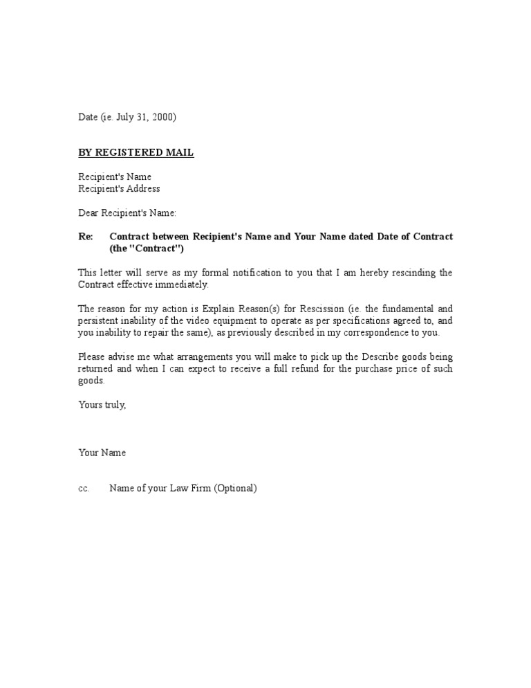 Contract Rescission Notification Letter | PDF | Civil Law (Legal System ...