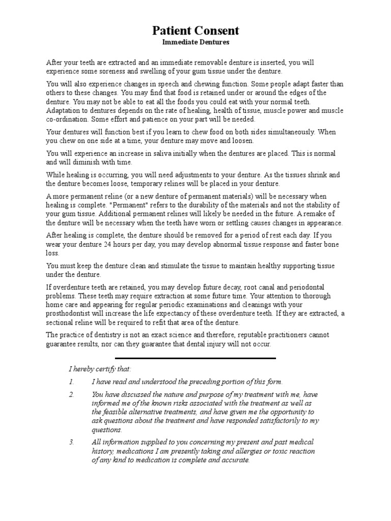 Patient Consent to Immediate Dentures Dentures Dentistry