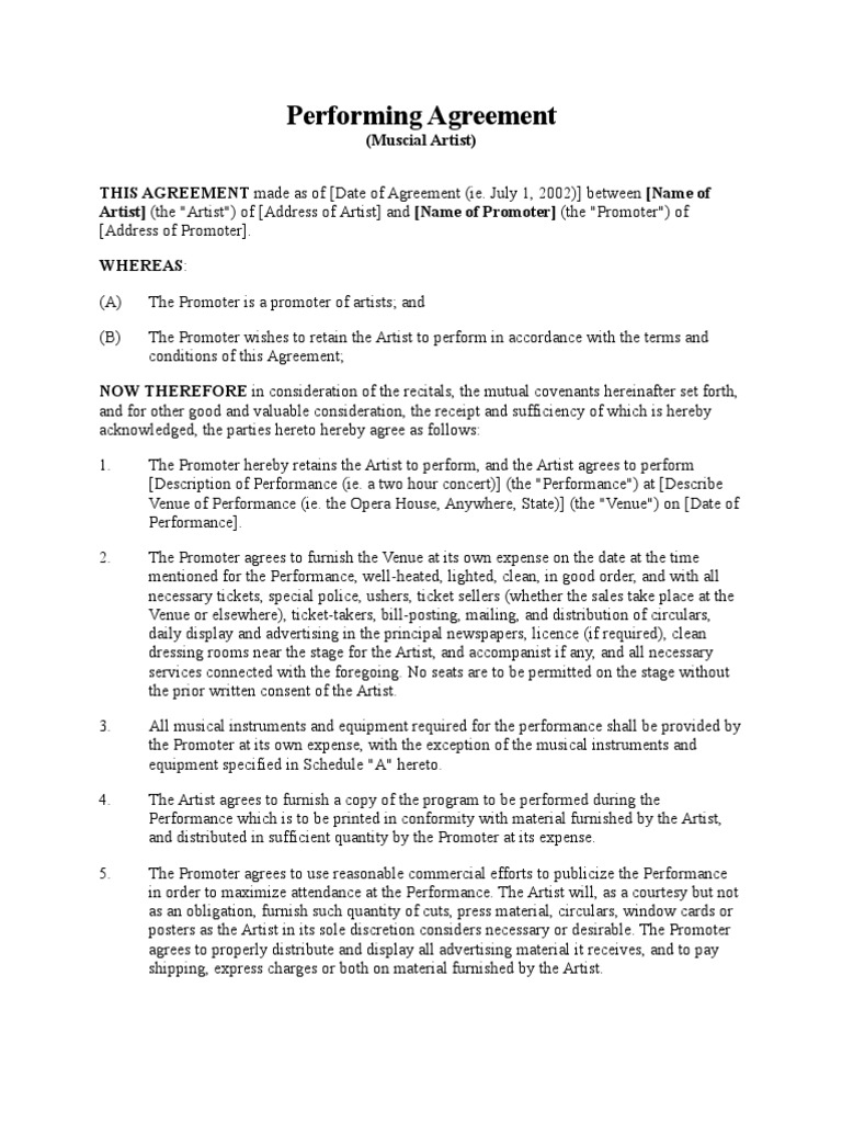 Artist Performance Agreement Template | PDF | Government | Justice