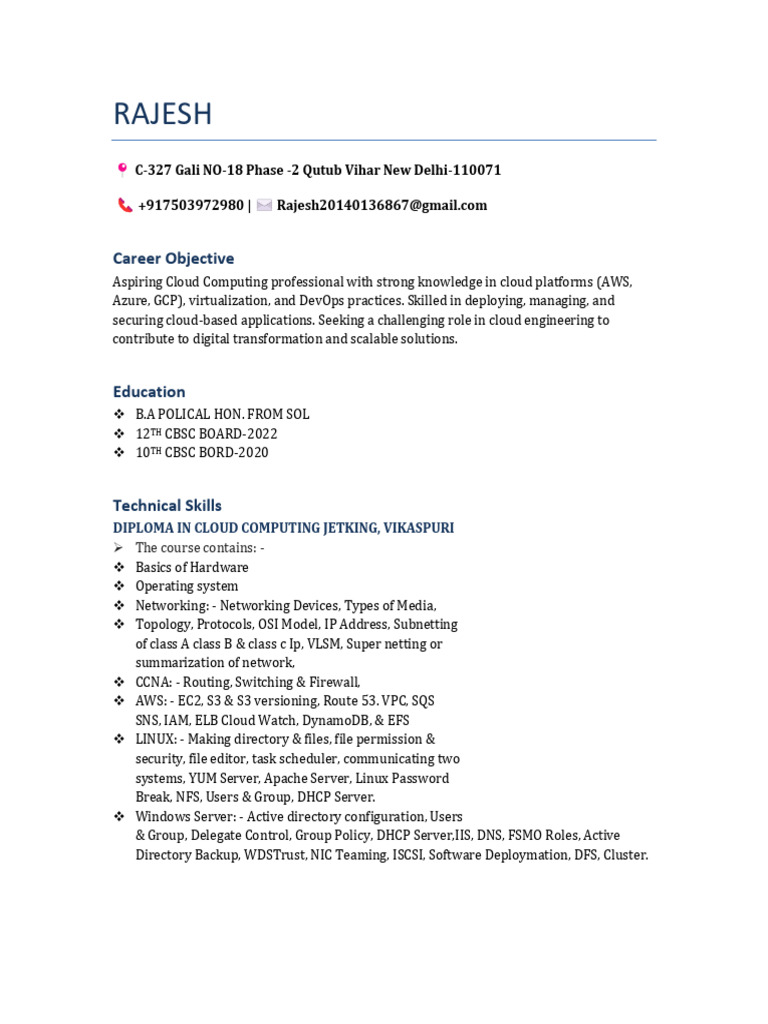 Rajesh Resume PDF | PDF | Computer Network | Cloud Computing