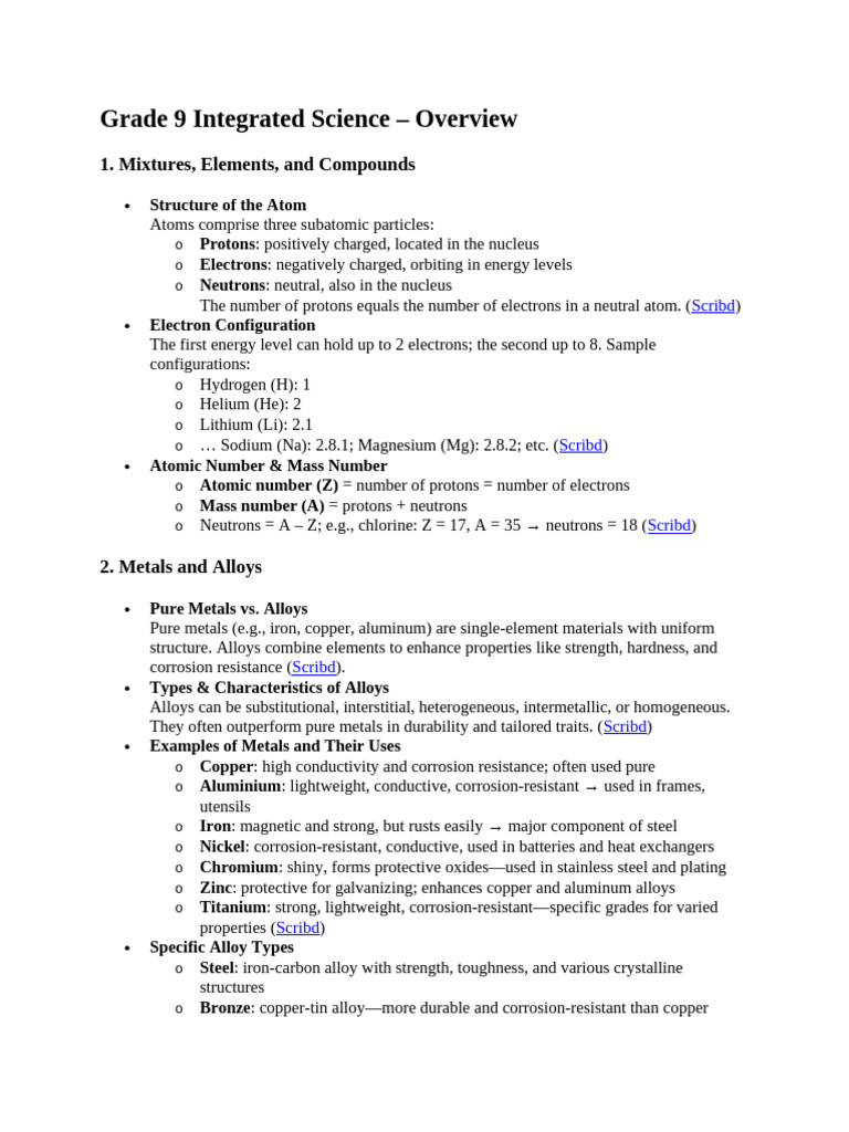 Grade 9 Integrated Science Notes | PDF | Digestion | Alloy