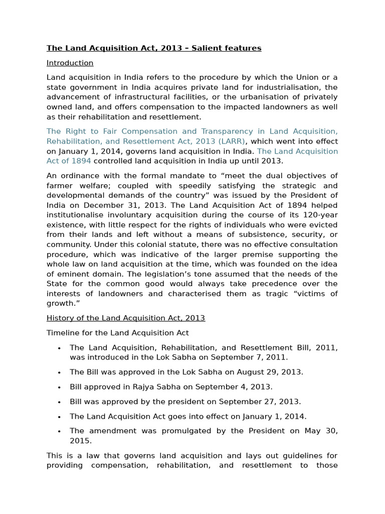 Salient Features of The Land Acquisition Act - Land Law - Assignment ...