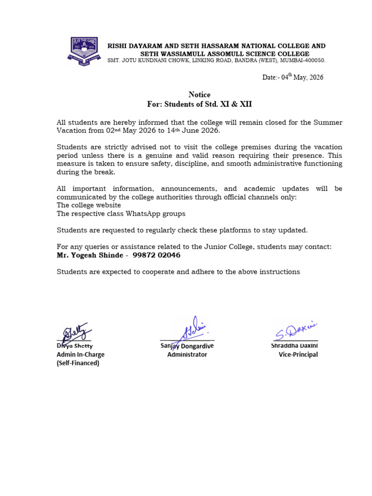 Notice for XI & XII Students | PDF