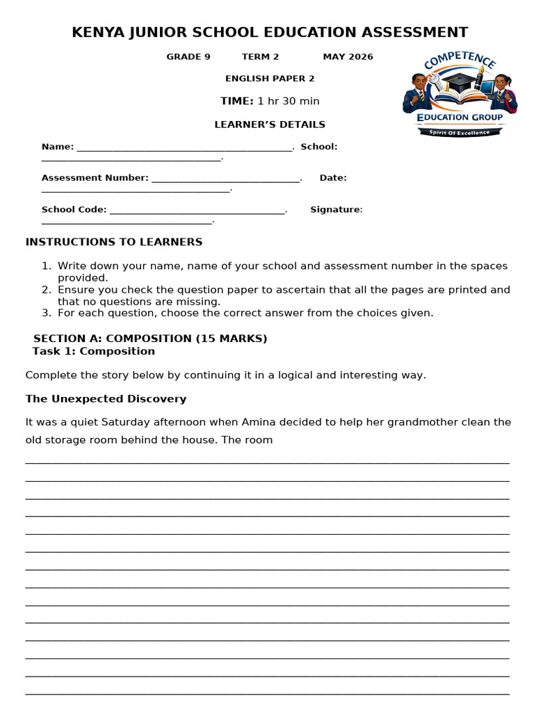 Grade 9 English Paper 2 | PDF | Storytelling | Courage