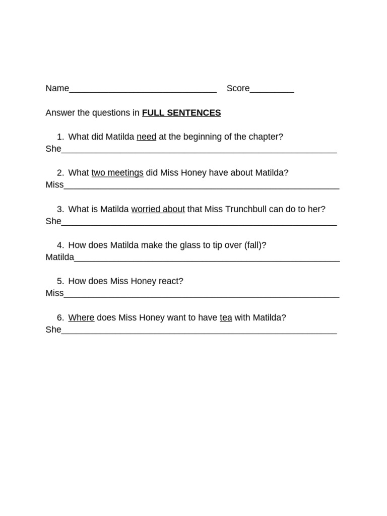 Matilda Reading Comprehension Test - Chapter 15 | PDF