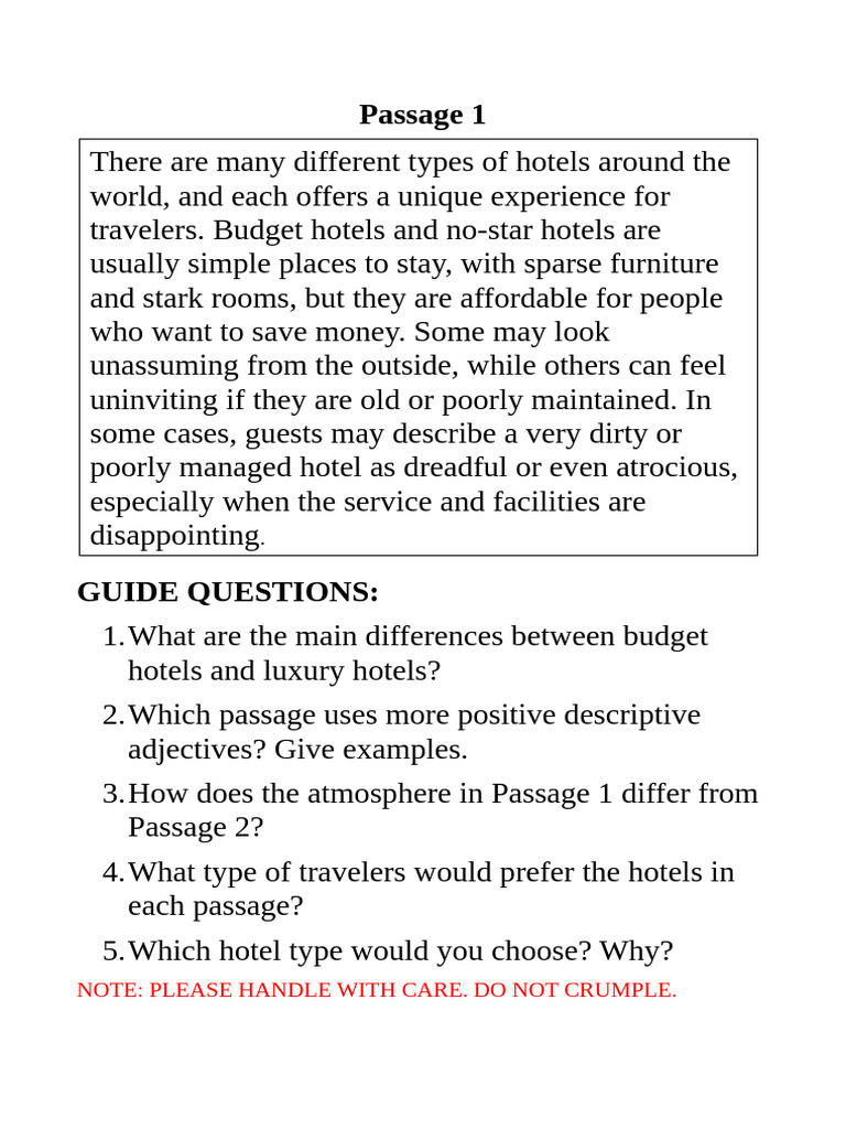 m.5 Unit1 Hotels Worksheet | PDF | Hotel | Hospitality Industry