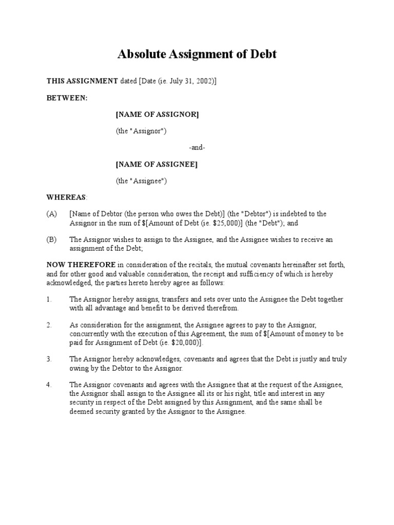 Assignment of Debt (Absolute) | PDF | Assignment (Law) | Debt