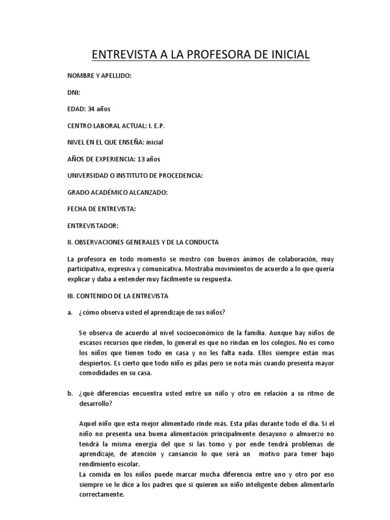 Entrevista A La Profesora de Inicial PDF Aprendizaje Maestros