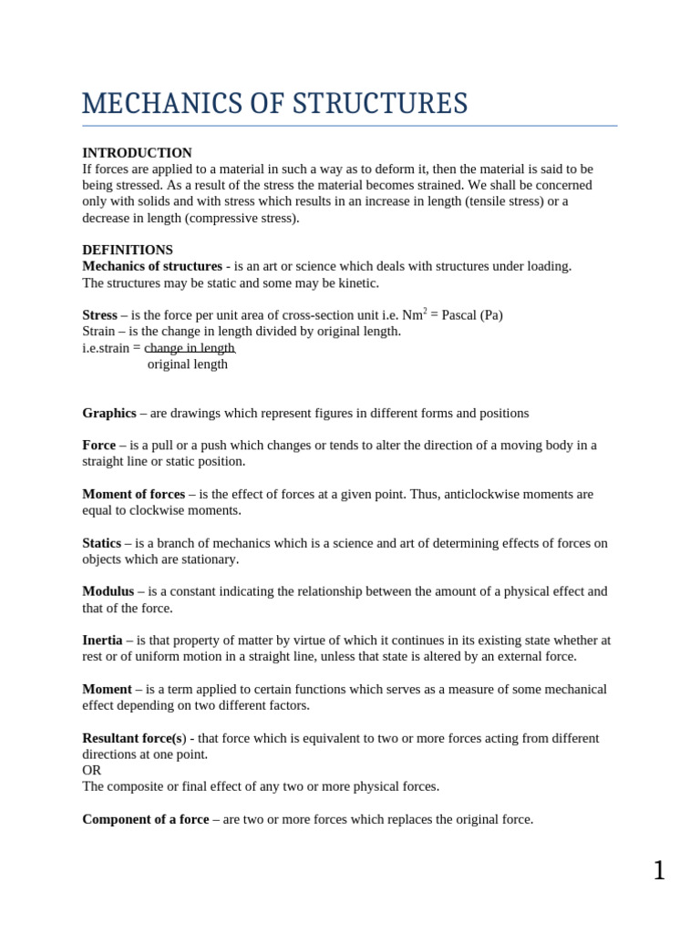 Mechanics of Structures Notes-1 | PDF | Deformation (Engineering ...