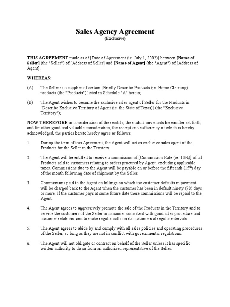 Sales Agency Agreement (Exclusive)  PDF  Law Of Agency In sales representation agreement template