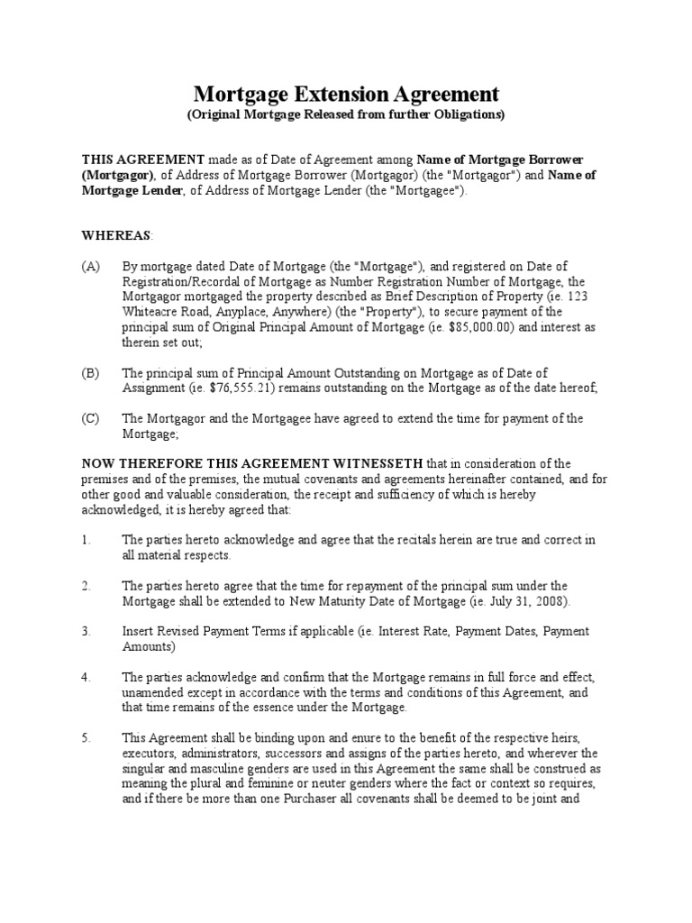 Mortgage Extension Agreement PDF Mortgage Law Mortgage Loan