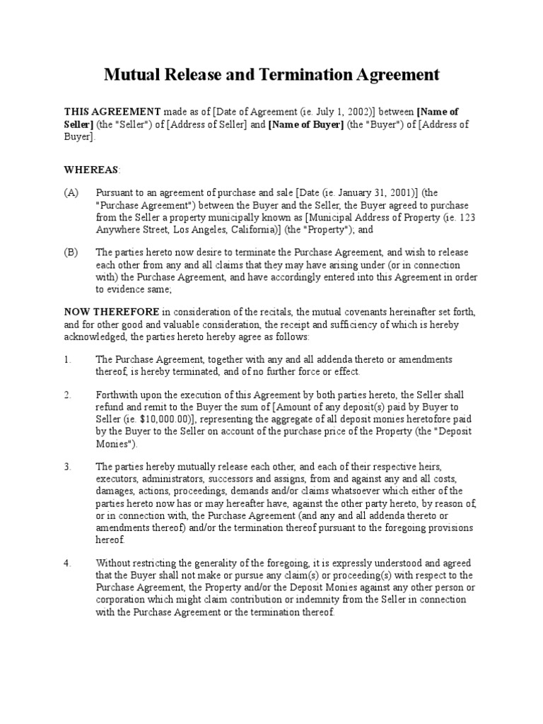 Mutual Release and Termination Agreement Property Virtue