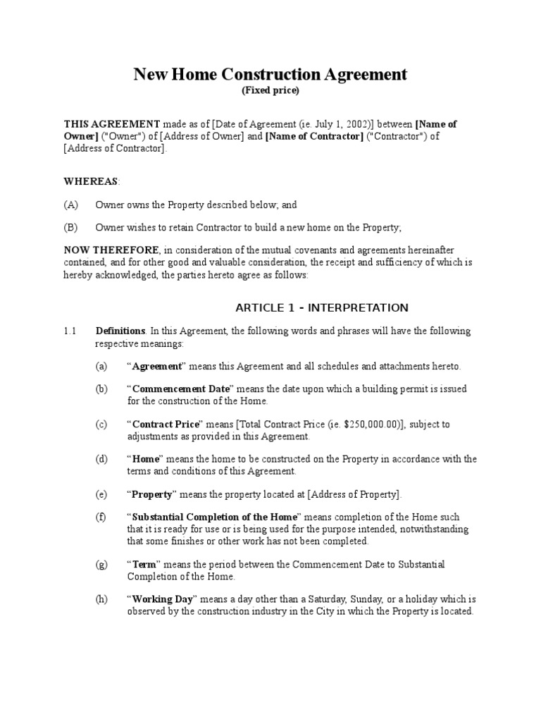 New Home Construction Agreement (Fixed Price) Bankruptcy Interest