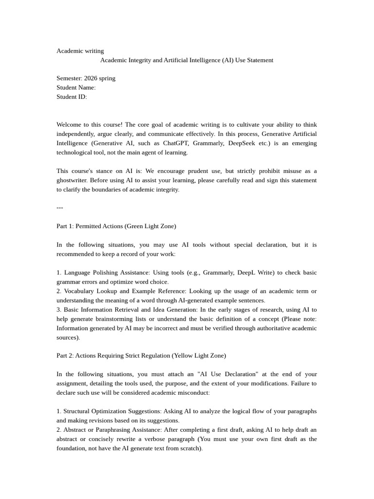 Academic Integrity and AI Use Statement | PDF | Artificial Intelligence ...