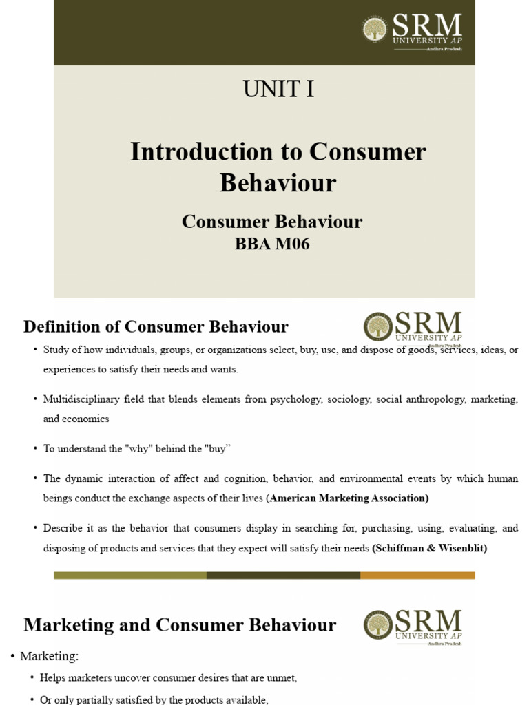 Unit I Introduction to Consumer Behaviour | PDF | Marketing | Consumer ...