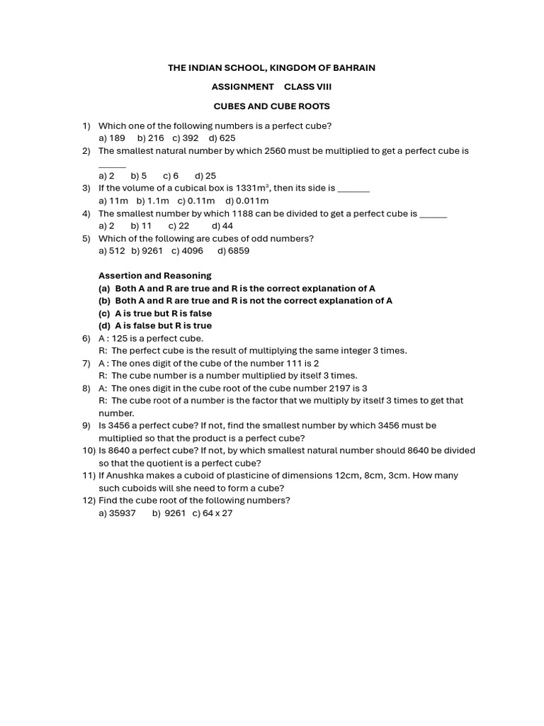 Cubes and Cube Roots-Assignment | PDF