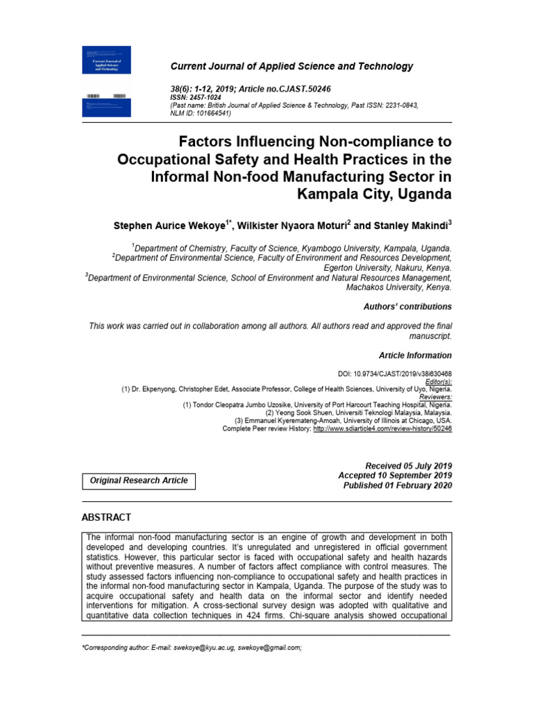 “Factors Influencing Non-compliance to Occupational Safety and Health ...