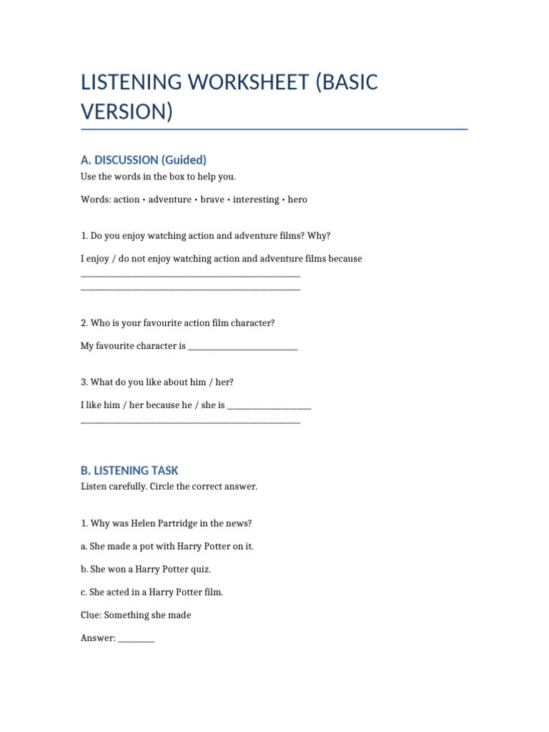 Listening Worksheet Basic | PDF