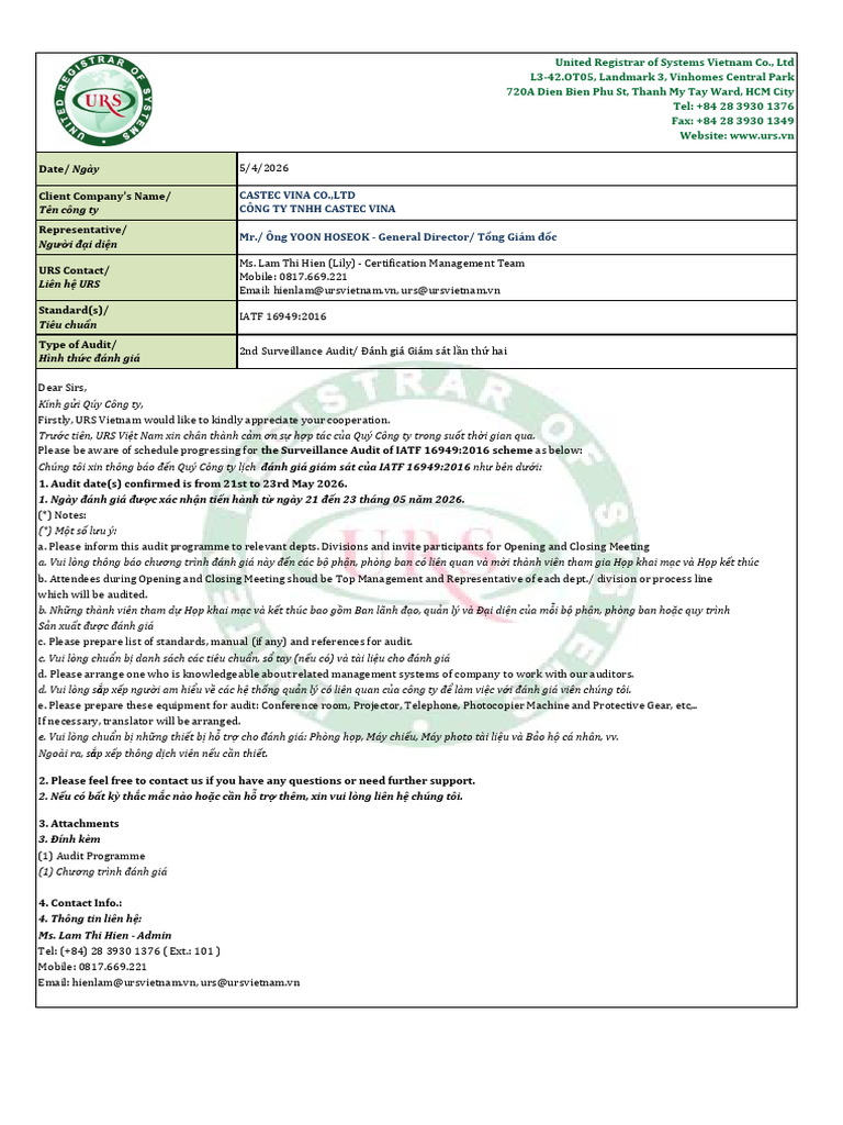 Castec IATF SU2 Audit Schedule 2026.05 | PDF