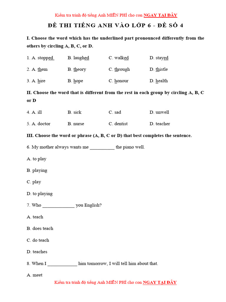 De Thi Tieng Anh Vao Lop 6 de So 4 | PDF | Linguistics