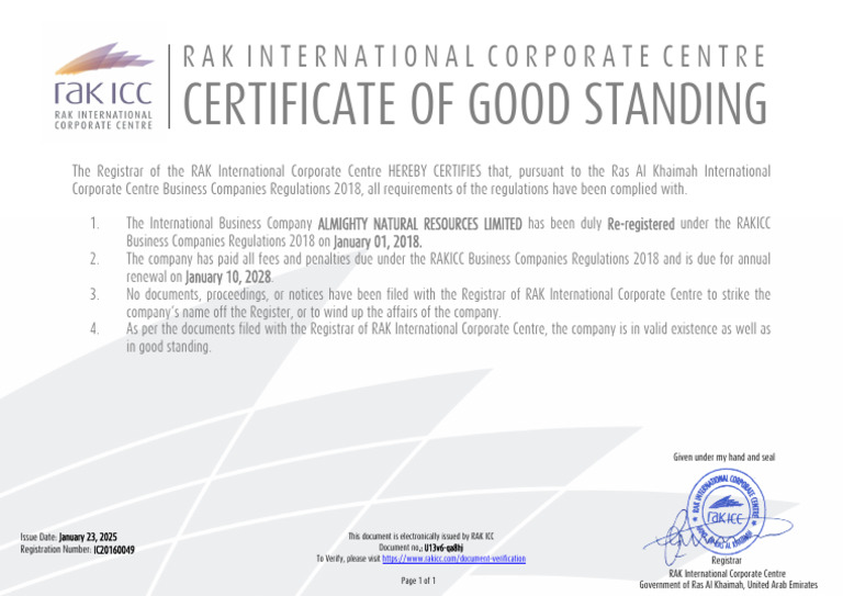 Certificate of Good Standing Letter - Re Registrat - 260501 - 190911 | PDF