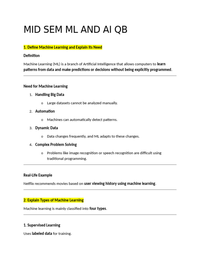 Mid Sem Ml and Ai Qb | PDF | Principal Component Analysis | Machine ...