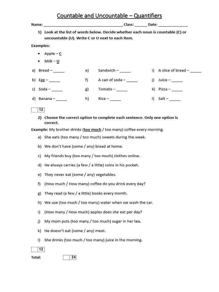 Exam - Countable and Uncountable - Quantifiers - Simple | PDF