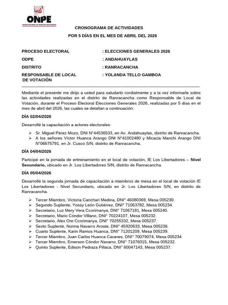 Cronograma de Actividades - Rlv. CC - PP 2da Habilitación | PDF