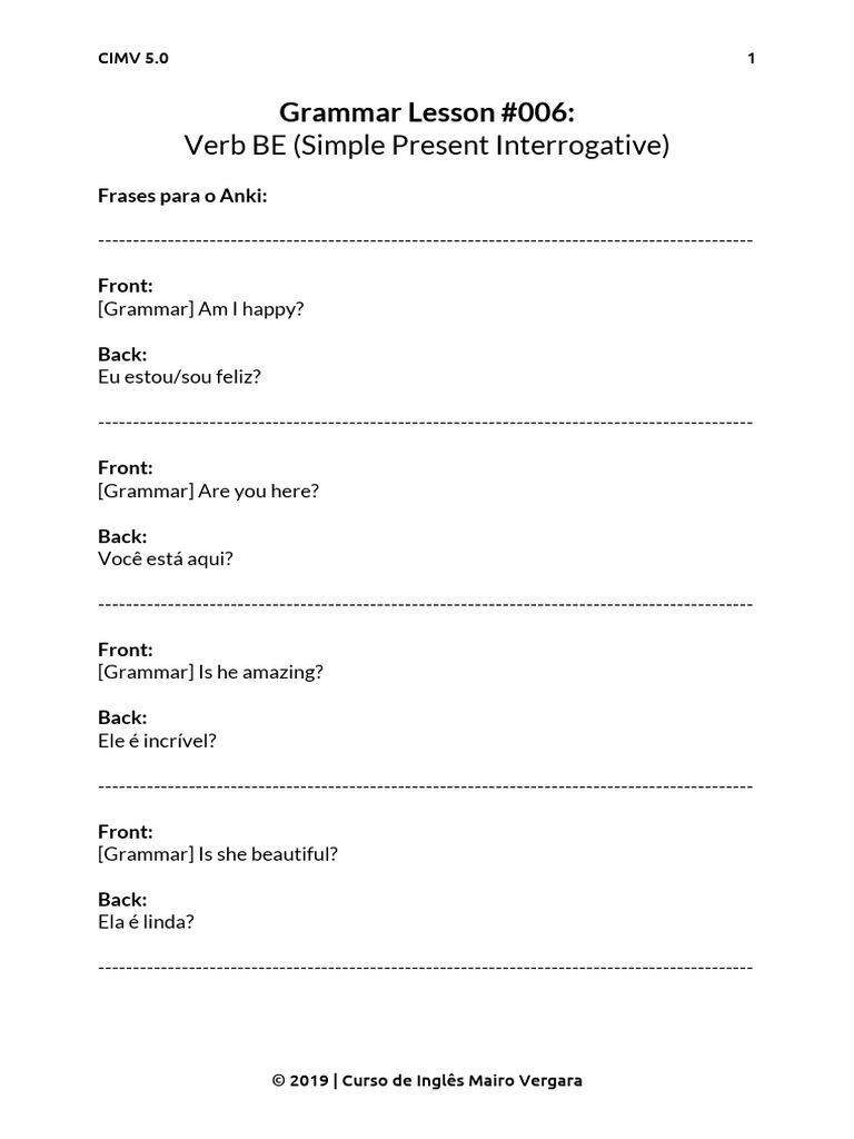 PDF Grammar Lesson 006 Verb BE Simple Present Interrogative | PDF