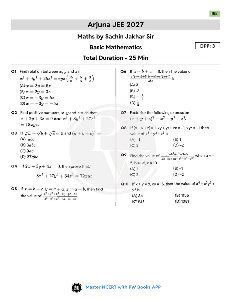 Sic Mathematics DPP 03 (of Lec 04) Maths by Sachin Sir | PDF