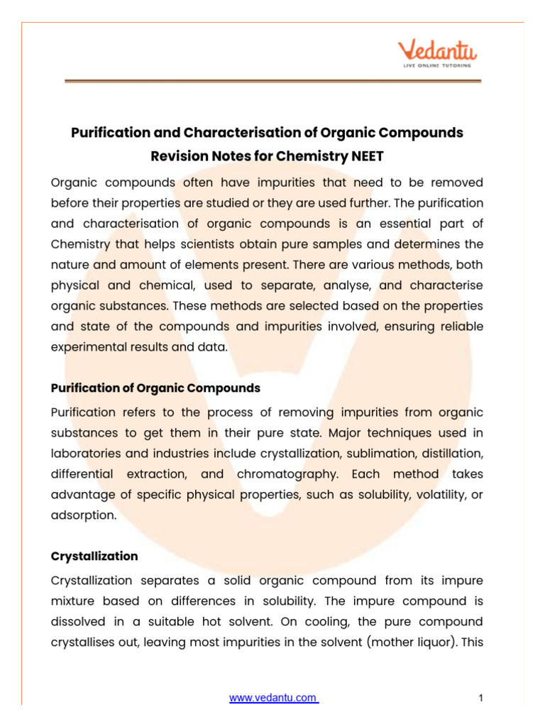 Purification and Characterisation of Organic Compounds NEET Notes ...