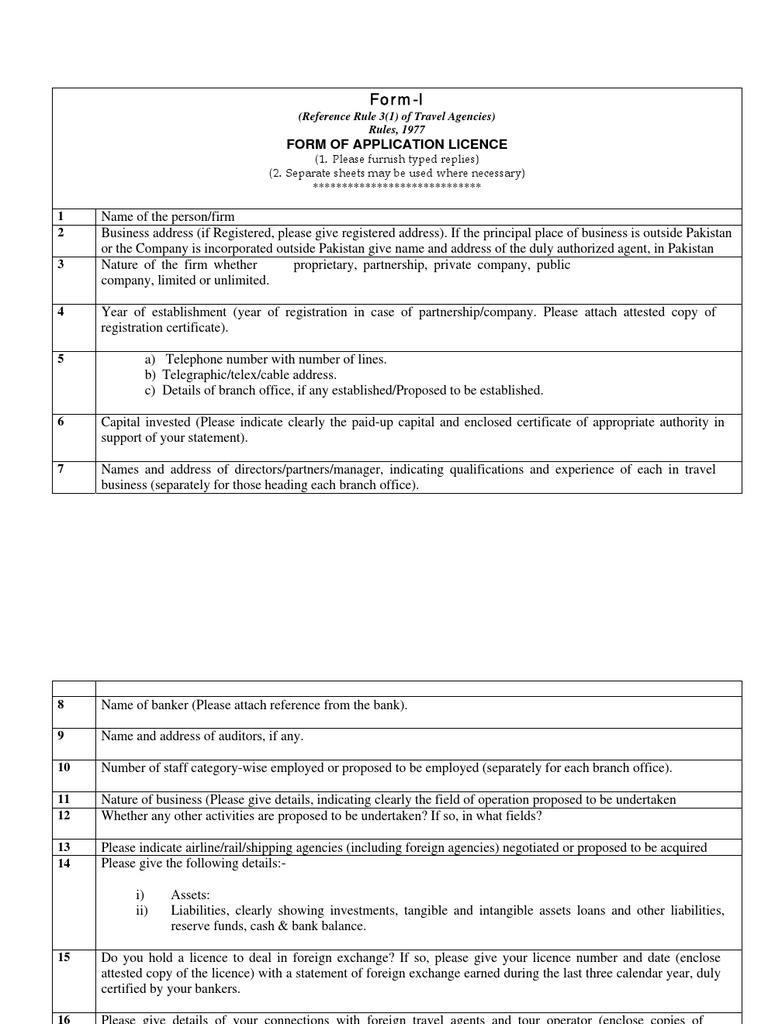 Travel Agency License Application Form PDF Banks License